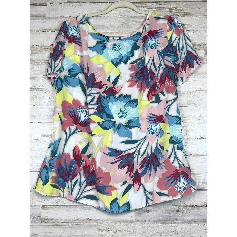 Worthington Womens Blouse Size XL Floral Pleated Scoop Neck Short Sleeves - Picture 3 of 7